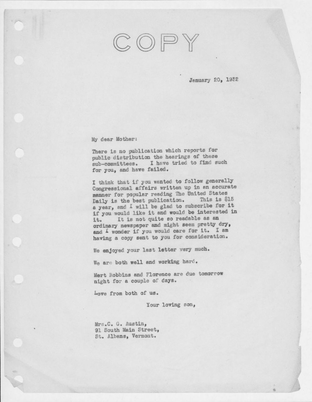 Miniature of Letter to Mrs. C.G. (Ann) Austin, January 20, 1932