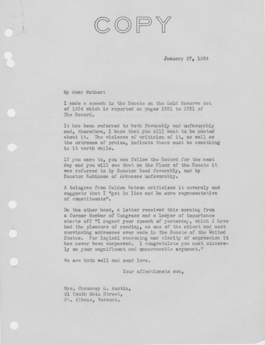 Miniature of Letter to Mrs. C.G. (Ann) Austin, January 27, 1934