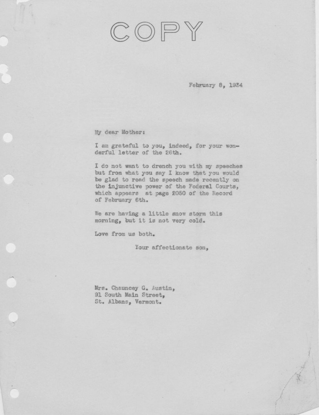 Miniature of Letter to Mrs. C.G. (Ann) Austin, February 08, 1934