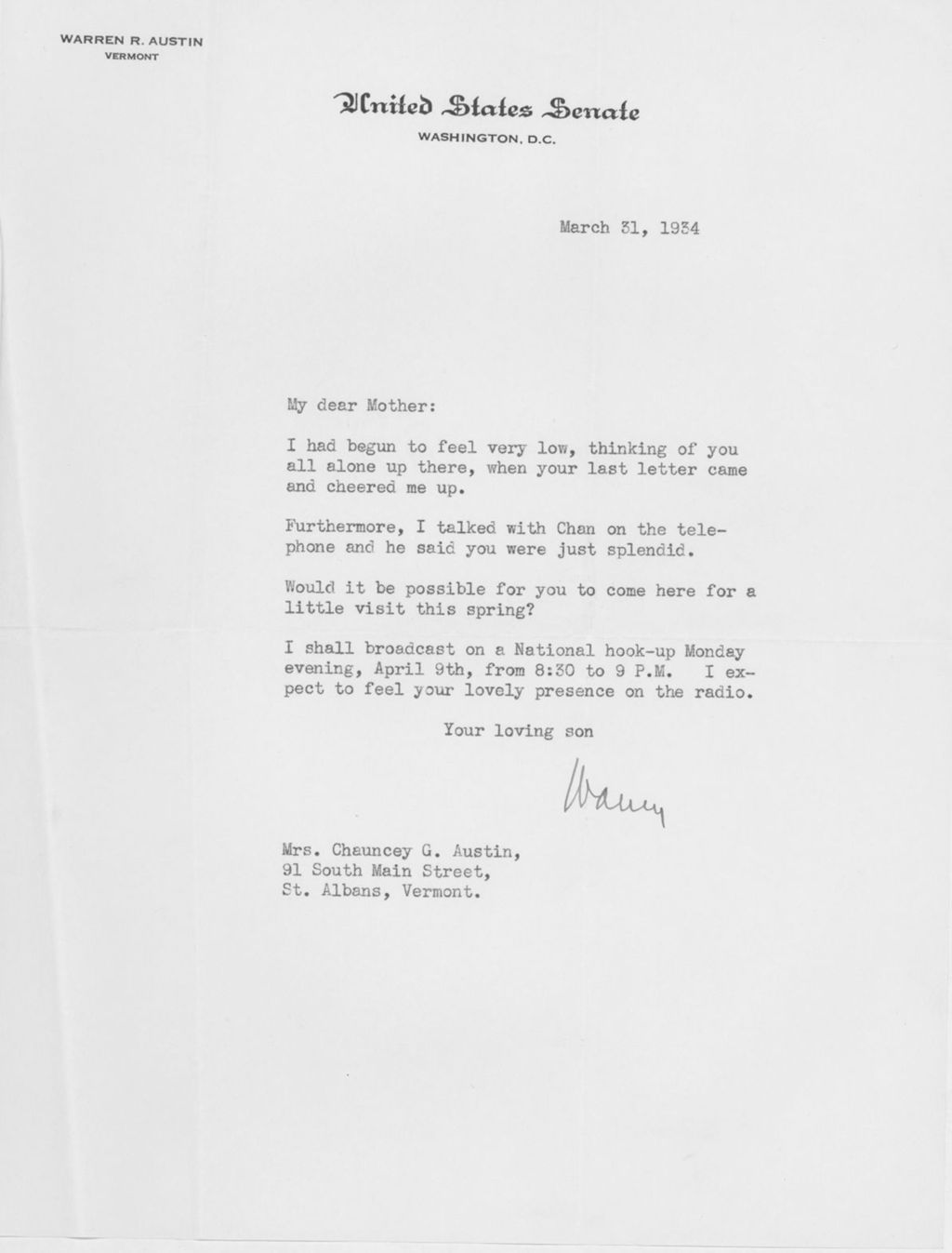 Miniature of Letter to Mrs. C.G. (Ann) Austin, March 31, 1934