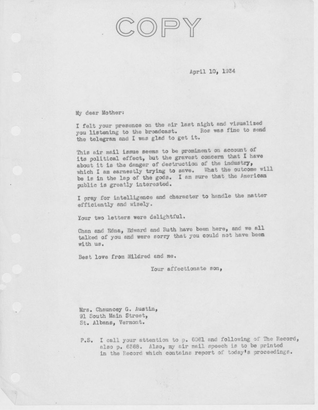 Miniature of Letter to Mrs. C.G. (Ann) Austin, April 10, 1934