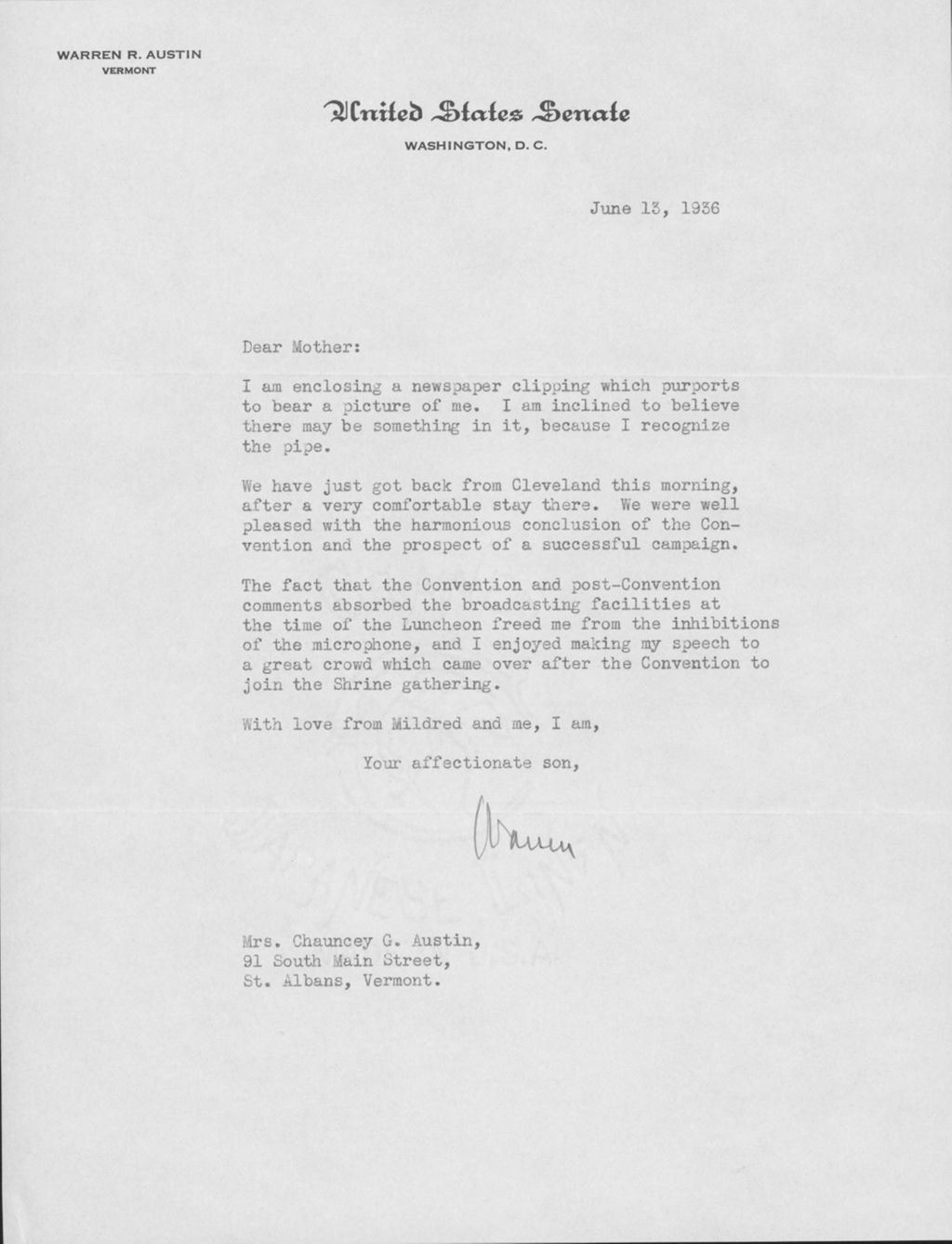 Miniature of Letter to Mrs. C.G. (Ann) Austin, June 13, 1936