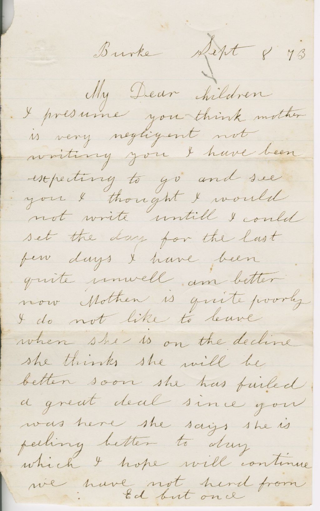 Miniature of Catherine Smith to Henrietta and Andrew Craig Fletcher\, 1873 September 8