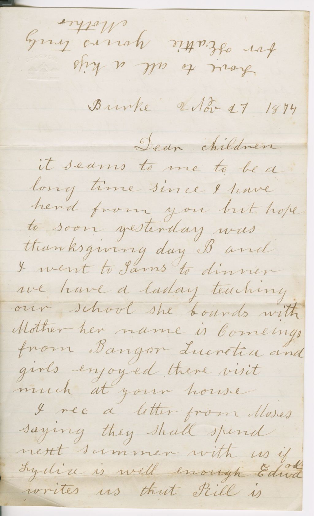 Miniature of Catherine Smith to Henrietta and Andrew Craig Fletcher\, 1874 November 27