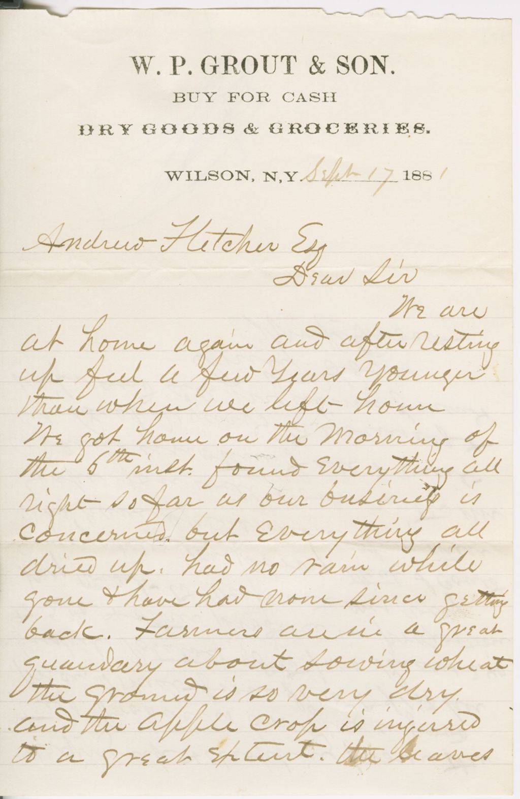 Miniature of W.P. Grout to Andrew Fletcher\, 1881 September 17