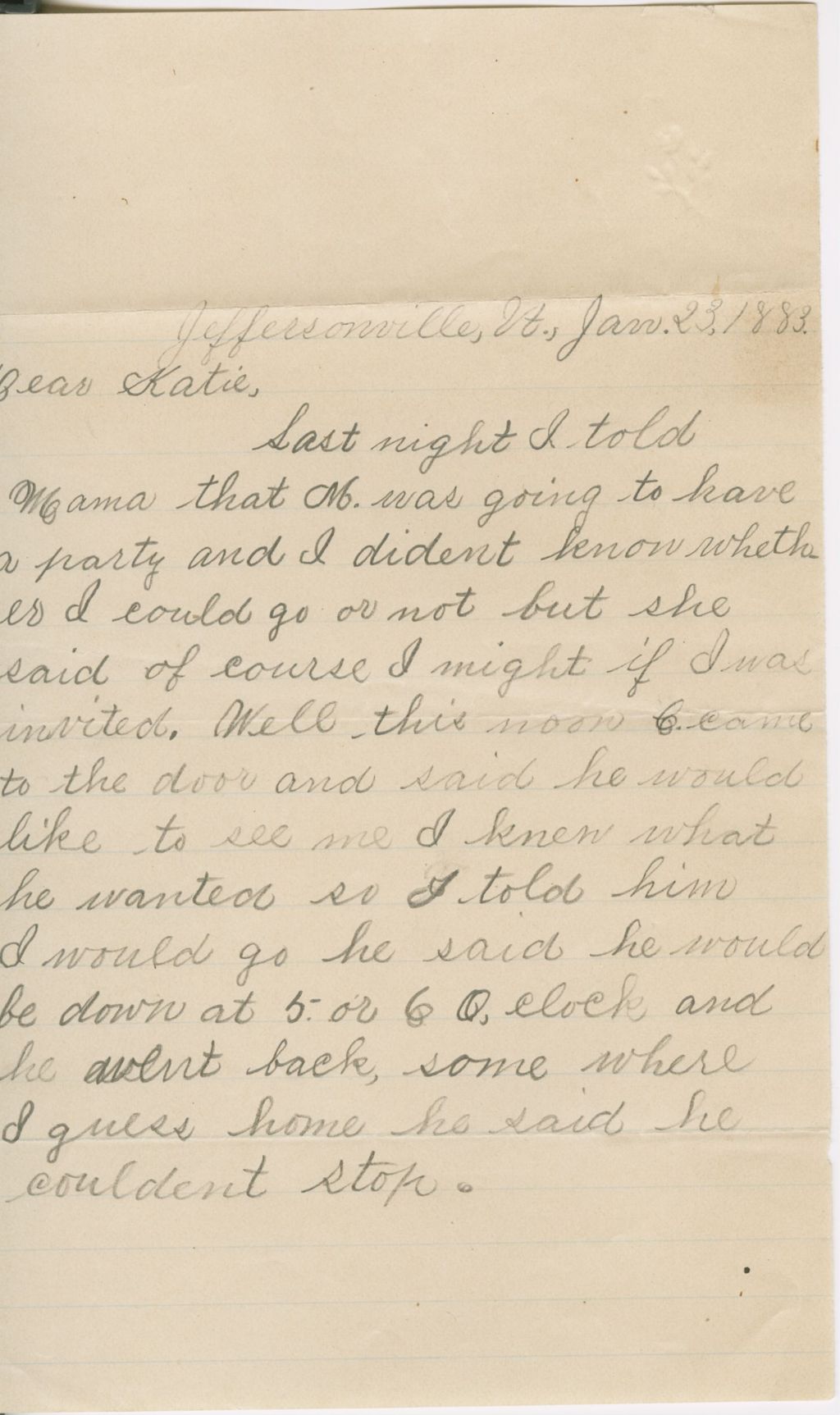 Miniature of Unidentified to Katherine Fletcher\, 1883 January 23