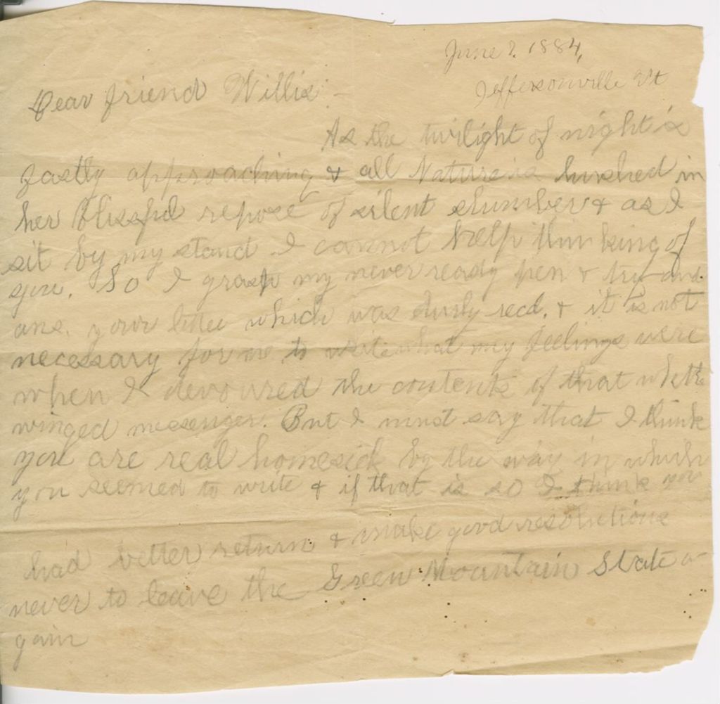 Miniature of [Katherine Fletcher?] to Willis [Hubbard?]\, 1884 June 7
