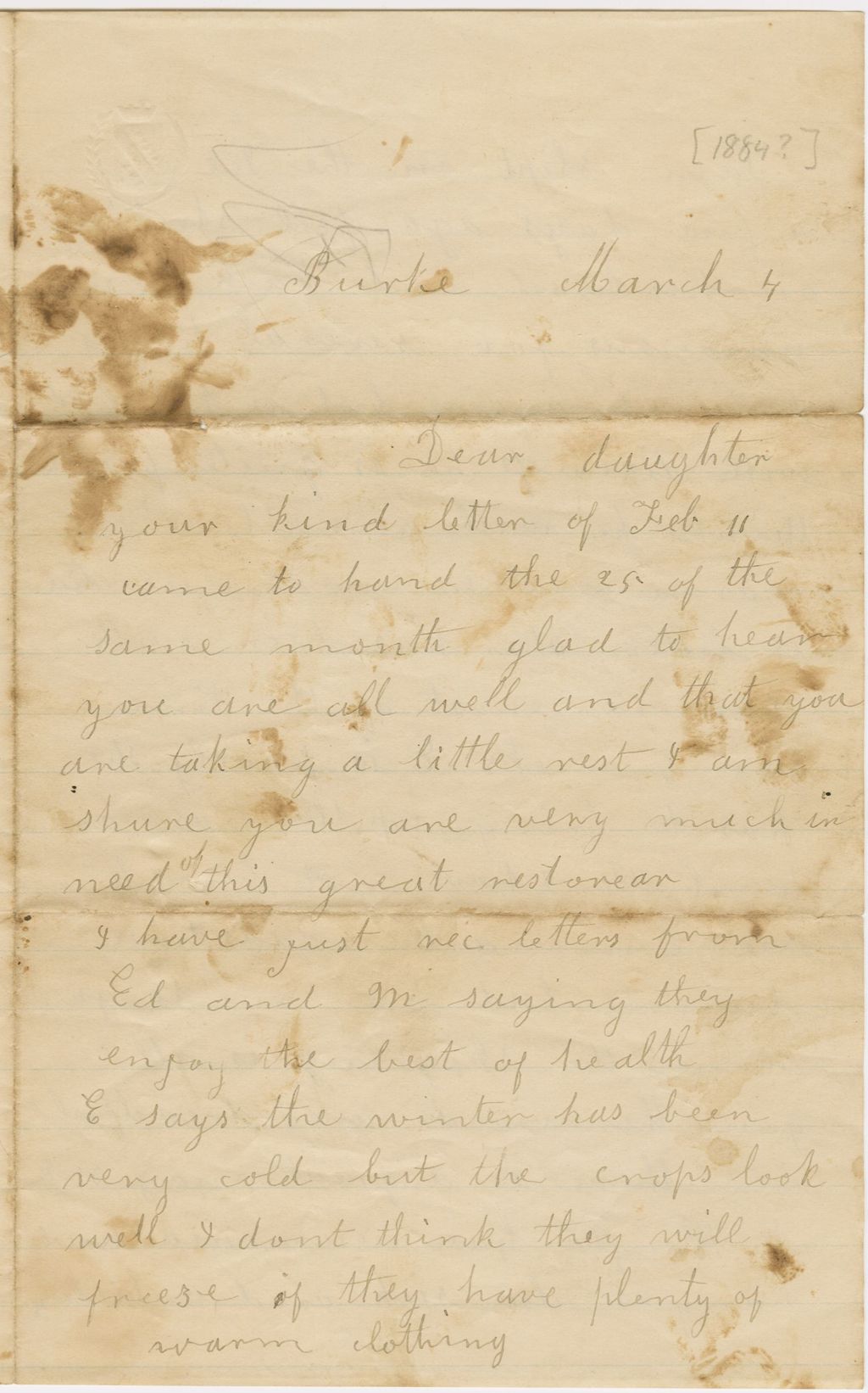 Miniature of Catherine Smith to Henrietta Fletcher\, [circa 1884] March 4