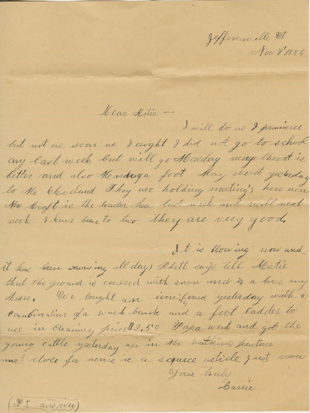 Miniature of Carrie Fletcher to Katherine Fletcher\, 1886 November 7