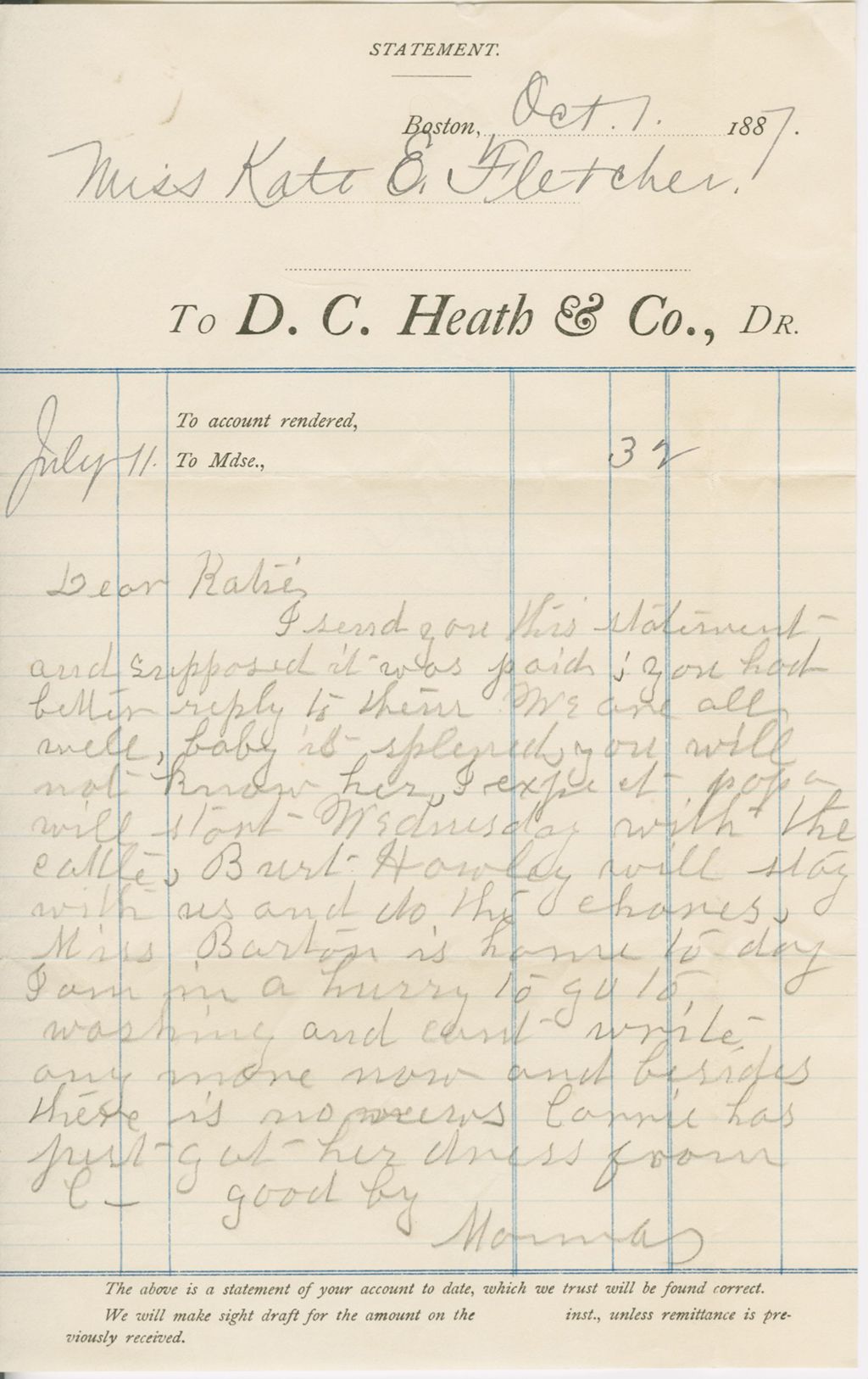 Miniature of Invoice from D.C. Heath & Co. to Katherine Fletcher\, 1887 October 1 and Henrietta Fletcher to Katherine Fletcher