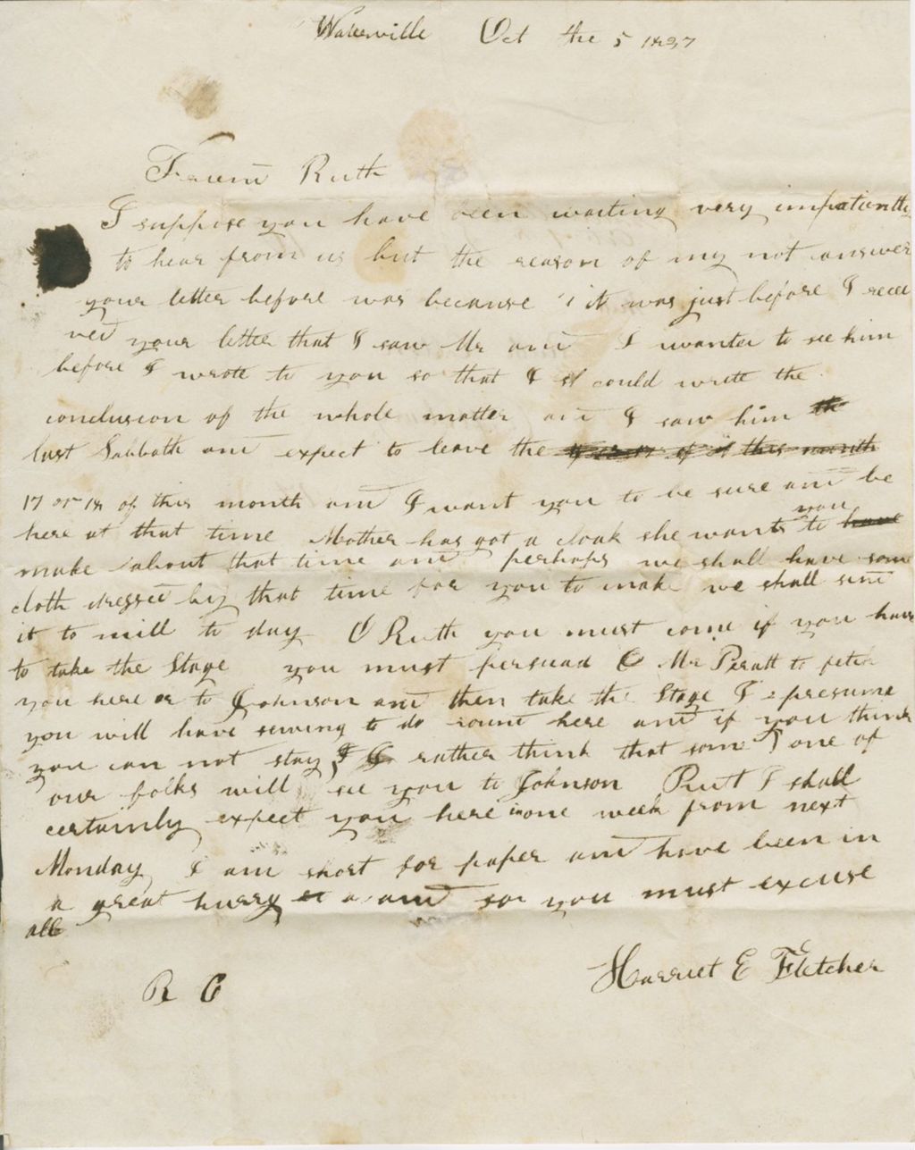 Miniature of Harriet Fletcher to Ruth Colton\, 1837 October 5