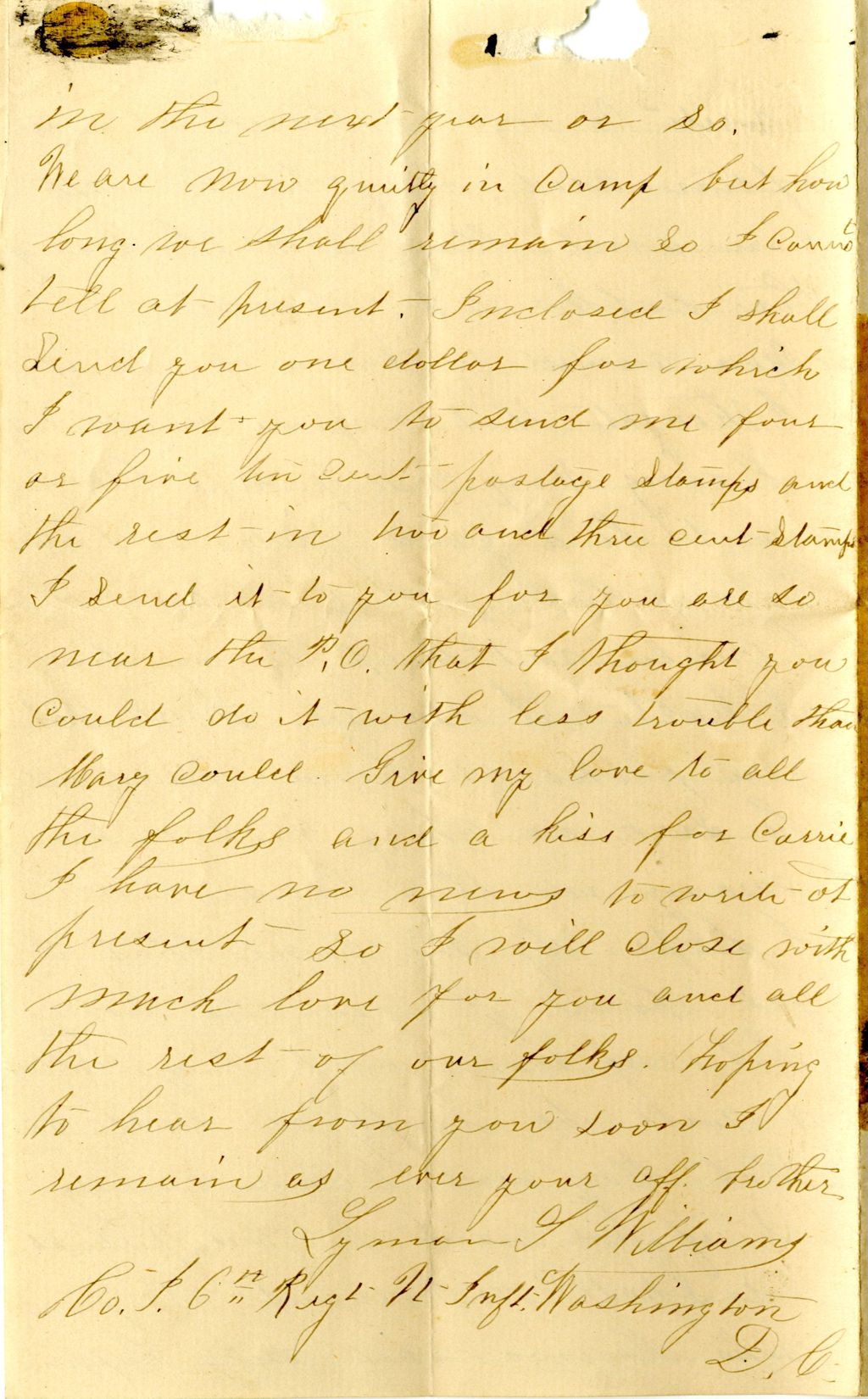 Miniature of Lyman S. Williams to Lois L. Williams