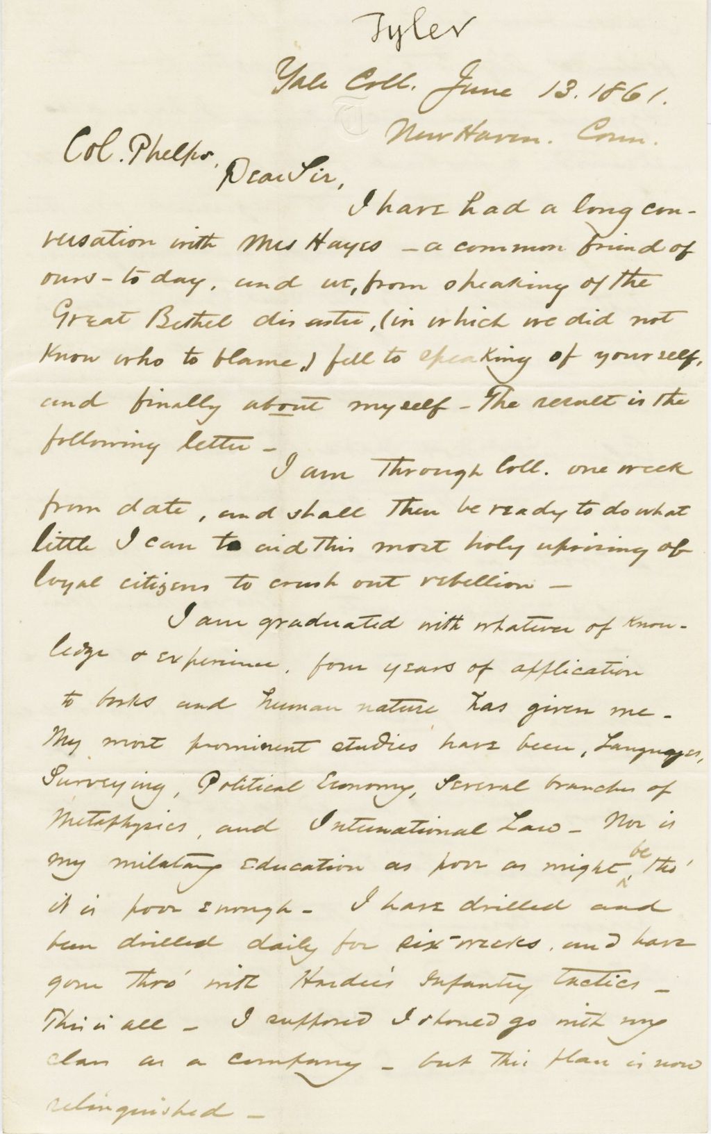Miniature of Jonathan Curtis Tyler to John Wolcott Phelps